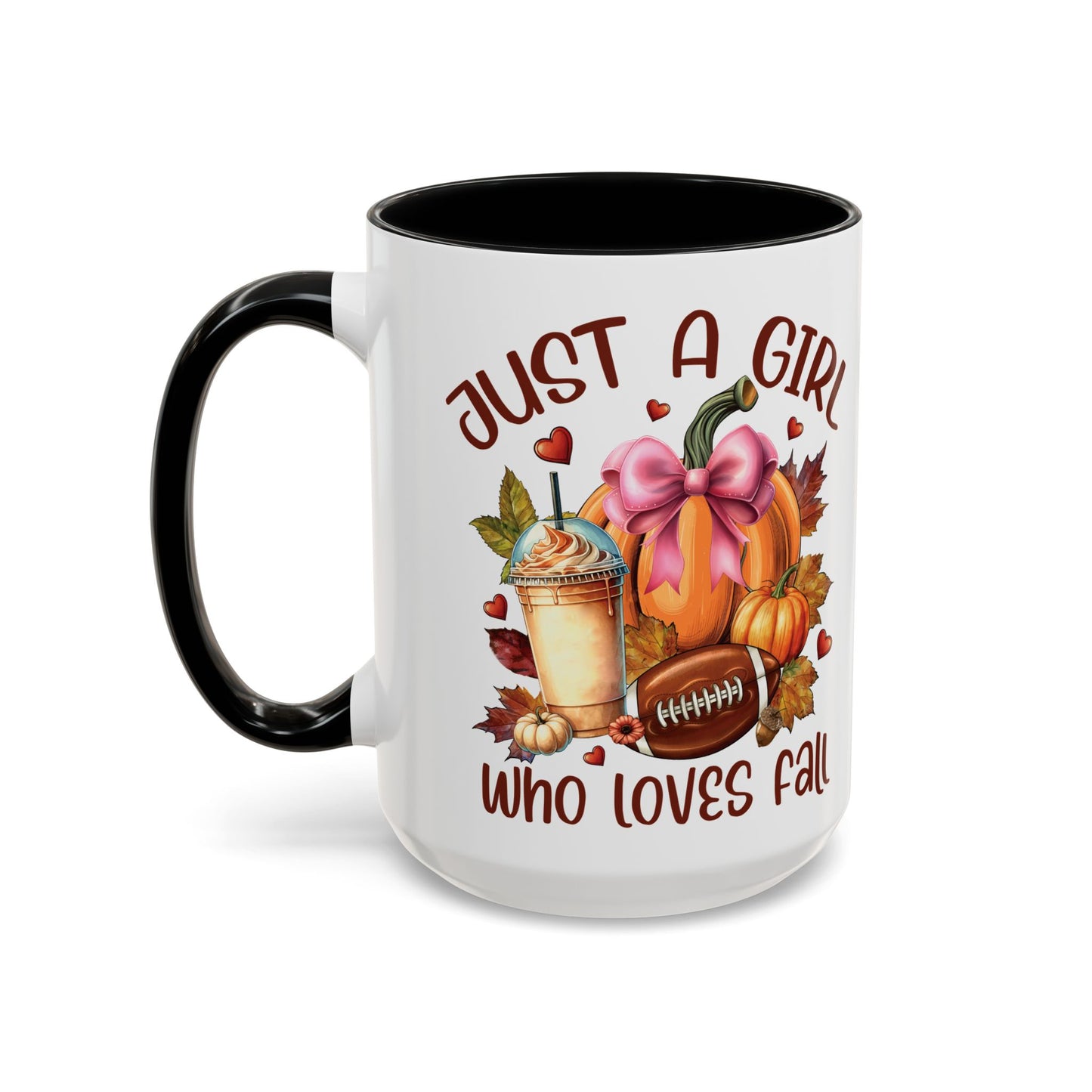 Just a Girl Who Loves Fall Mug | 11oz and 15oz Ceramic Coffee Cup | Autumn, Pumpkin, and Football Design