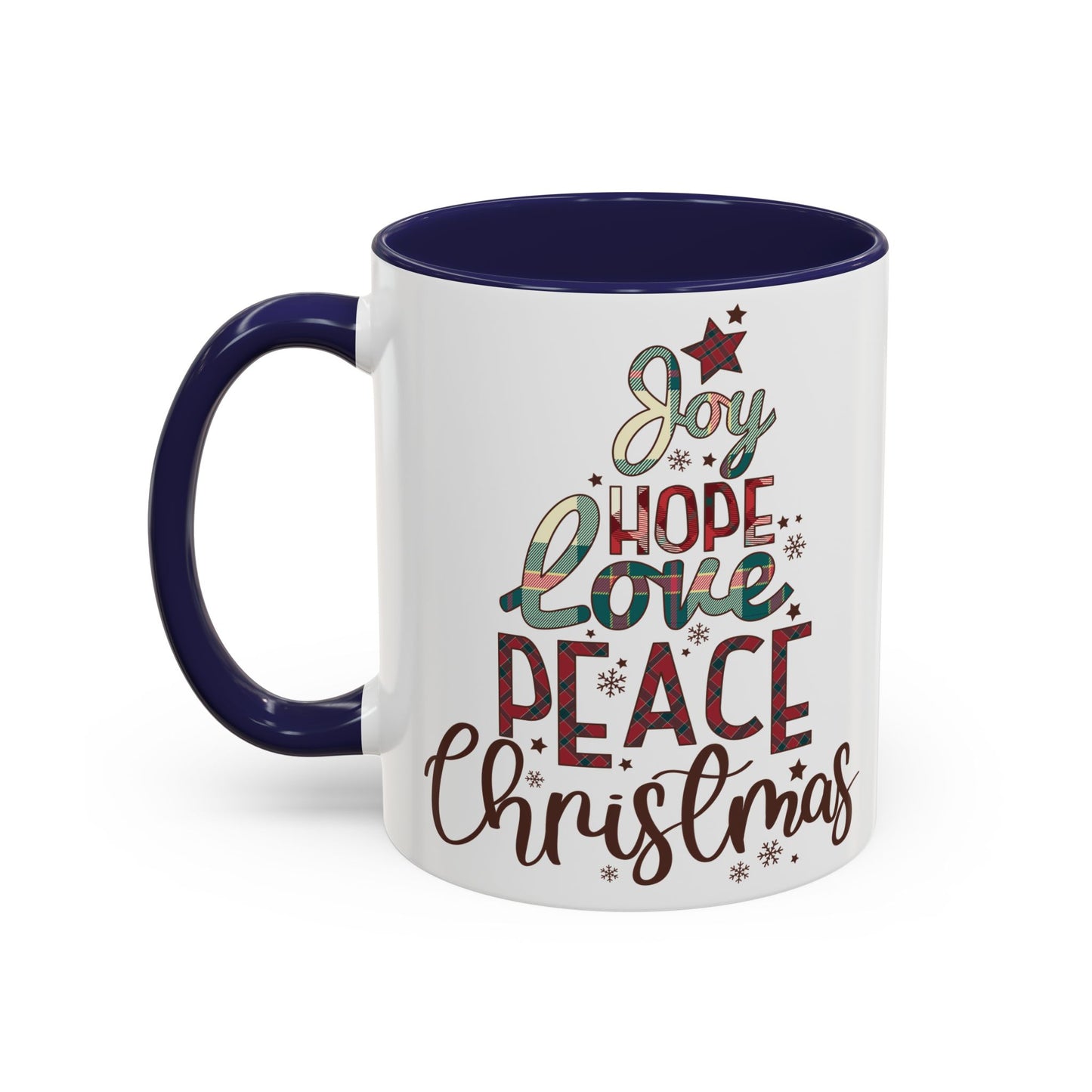 Joy Hope Love Peace Christmas Mug | Festive Holiday Plaid Design | Christmas Tree Word Art Coffee Mug