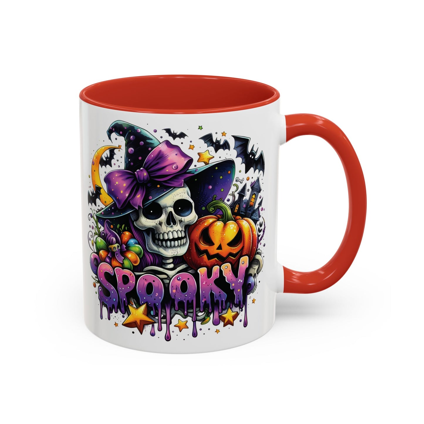 Spooky Halloween Skull Mug | Colorful Witch Hat and Pumpkin Design | 11oz and 15oz Ceramic Coffee Cup