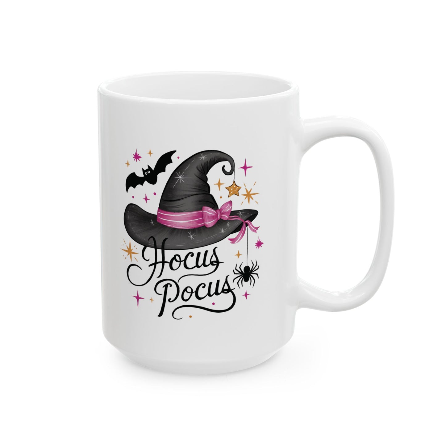 Hocus Pocus Ceramic Mug - Charming Witch Hat and Bat Design - Perfect for Halloween Lovers