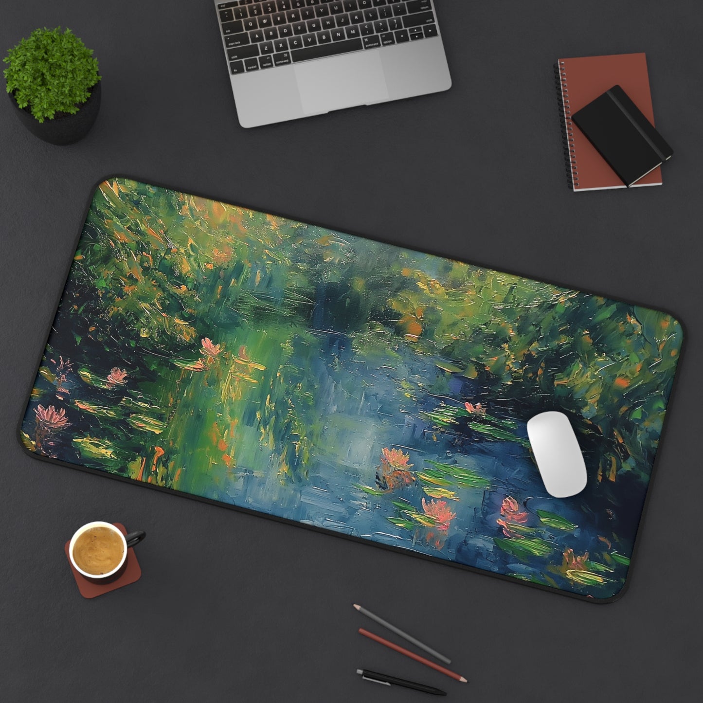 Water Lily Pond Computer Desk Mat | Tranquil Nature Mouse Pad | Anti-Slip Neoprene Desk Mat for Home Office | 3 Sizes Available