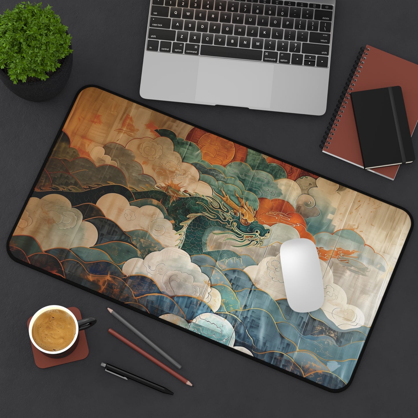 Dragon in Clouds Desk Mat | Eastern Mythology Design | Gaming & Office Decor | Neoprene | Anti-Slip | 3 Sizes