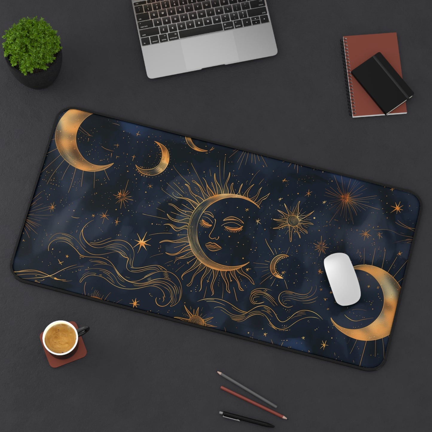 Celestial Sun and Moon Computer Desk Mat | Mystic Stars Mouse Pad | Anti-Slip Neoprene Desk Mat for Home Office | 3 Sizes Available