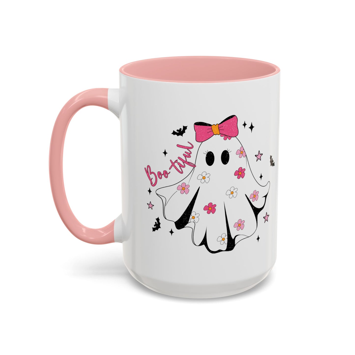 Boo-tiful Halloween Ghost Mug | 11oz and 15oz Coffee Cup | Cute Floral Design | Pink, Red, Black, Light Blue, or Navy Handle and Interior