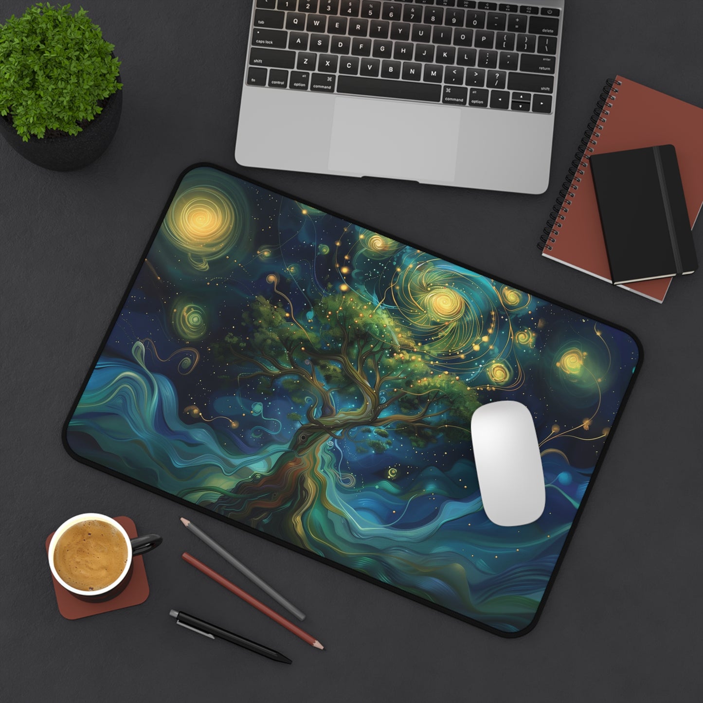 Mystical Tree Desk Mat | Enchanted Night Sky Design | Neoprene | Anti-Slip | 3 Sizes | Office Decor