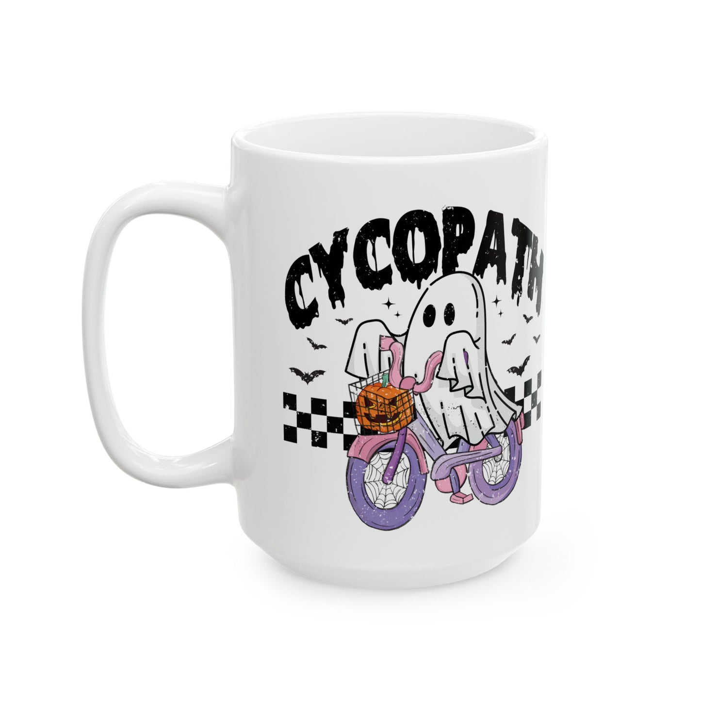 Cycopath Ghost Halloween Mug - White Ceramic Coffee Cup with Funny Ghost Biker Design - Perfect Spooky Gift - 11oz & 15oz