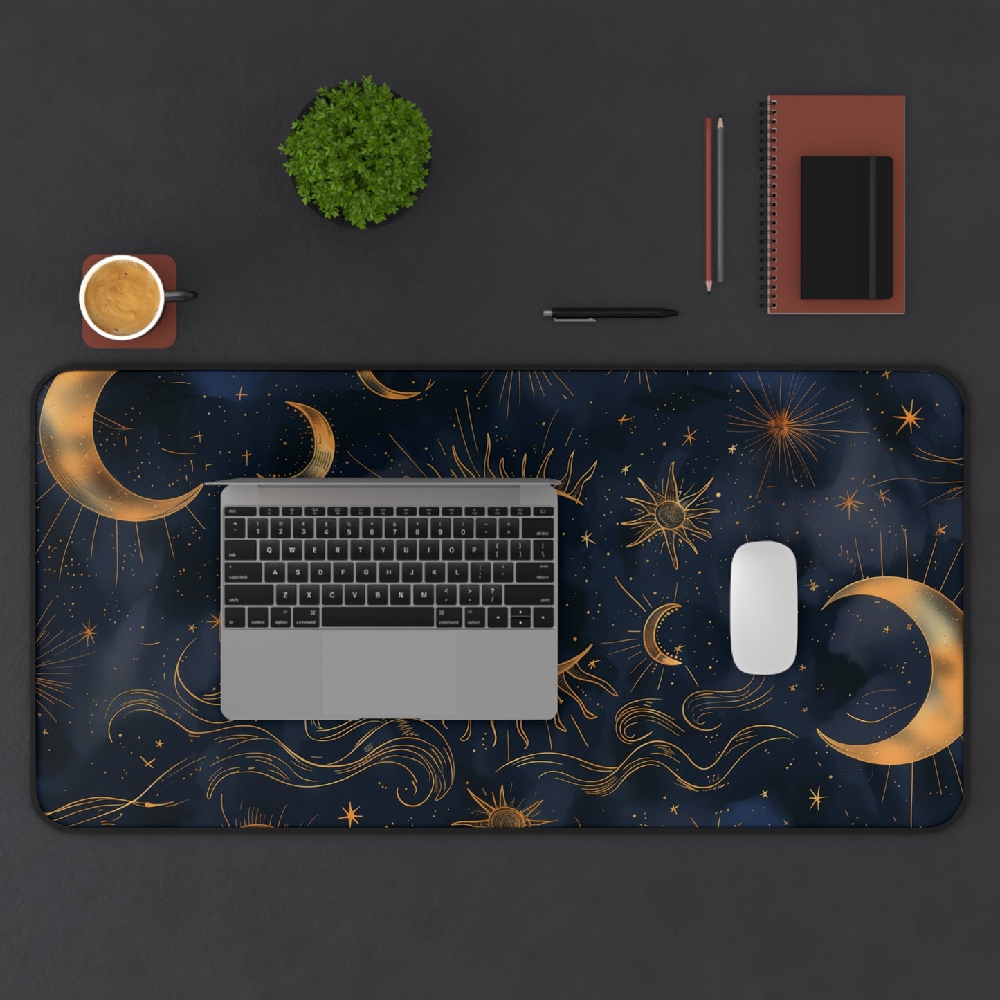 Celestial Sun and Moon Computer Desk Mat | Mystic Stars Mouse Pad | Anti-Slip Neoprene Desk Mat for Home Office | 3 Sizes Available