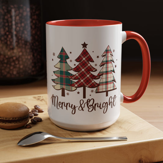 Merry & Bright Christmas Mug | Plaid Trees Holiday Design | Festive Winter Coffee Mug