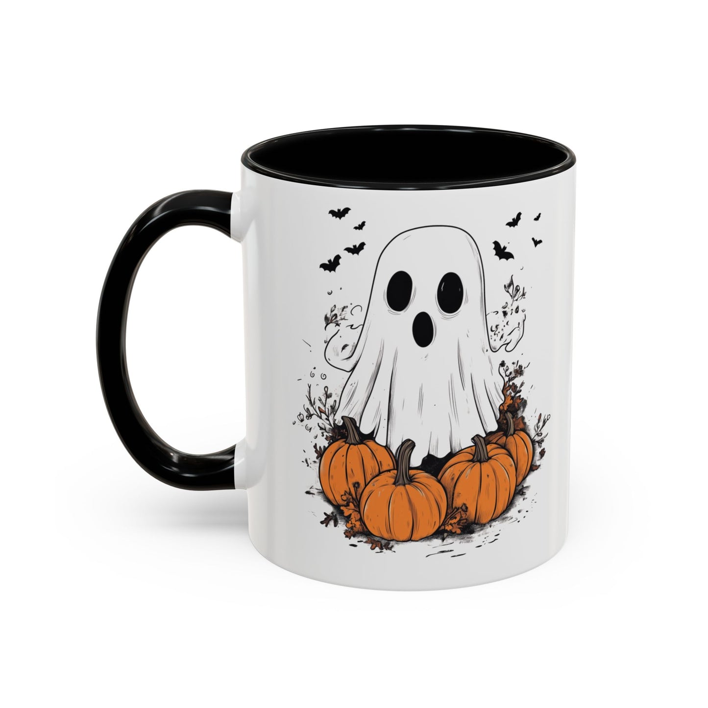 Halloween Ghost Mug - Cute Pumpkin Coffee Cup - White Ceramic Mug with Red Accent - Spooky Fall Gift - 11oz & 15oz - BPA Free