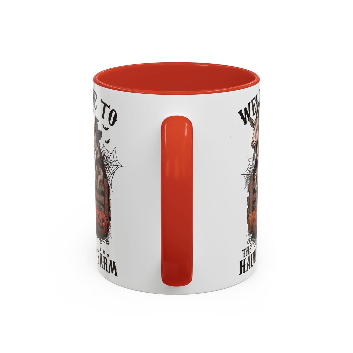 Welcome to the Haunted Farm Mug | Spooky Farm Animal Halloween Cup | Goat, Pig, and Cow in Witch Hats