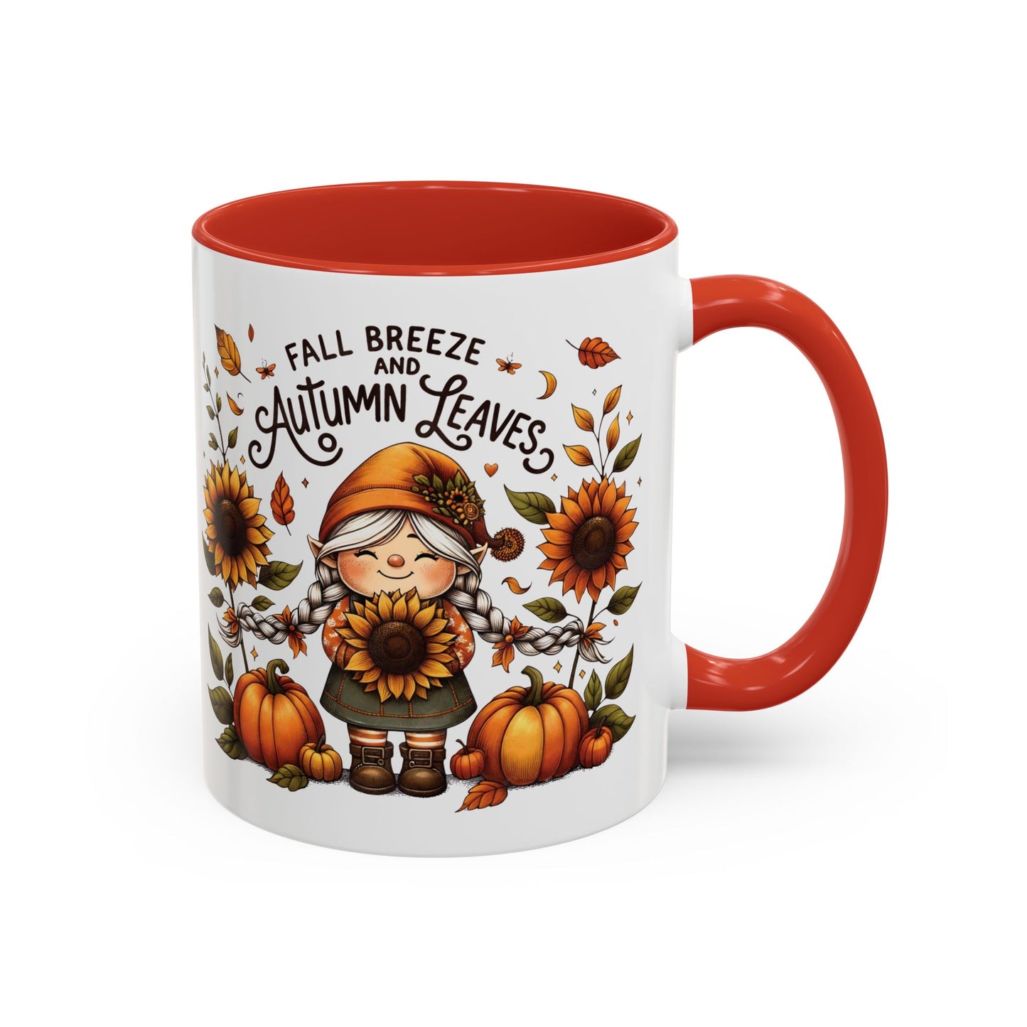 Fall Breeze and Autumn Leaves Mug | 11oz and 15oz Ceramic Coffee Cup | Cute Gnome, Sunflower, & Pumpkin Design