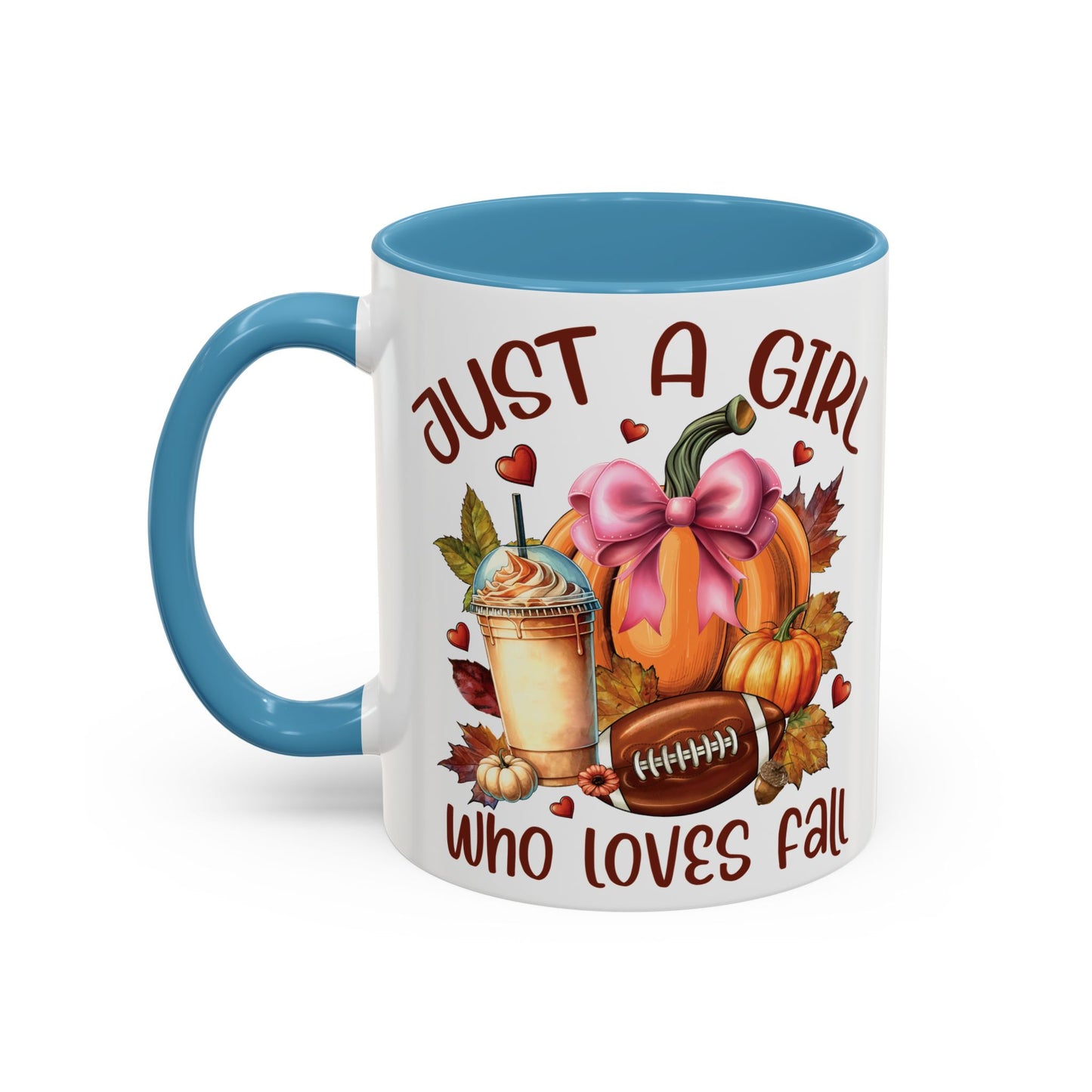 Just a Girl Who Loves Fall Mug | 11oz and 15oz Ceramic Coffee Cup | Autumn, Pumpkin, and Football Design