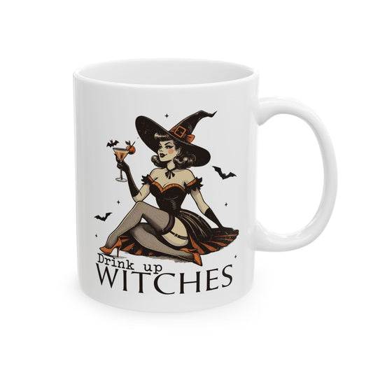 Drink Up Witches Halloween Ceramic Mug - 11oz/15oz Coffee Cup | Vintage Pin-Up Witch Design | Spooky Fall Gift