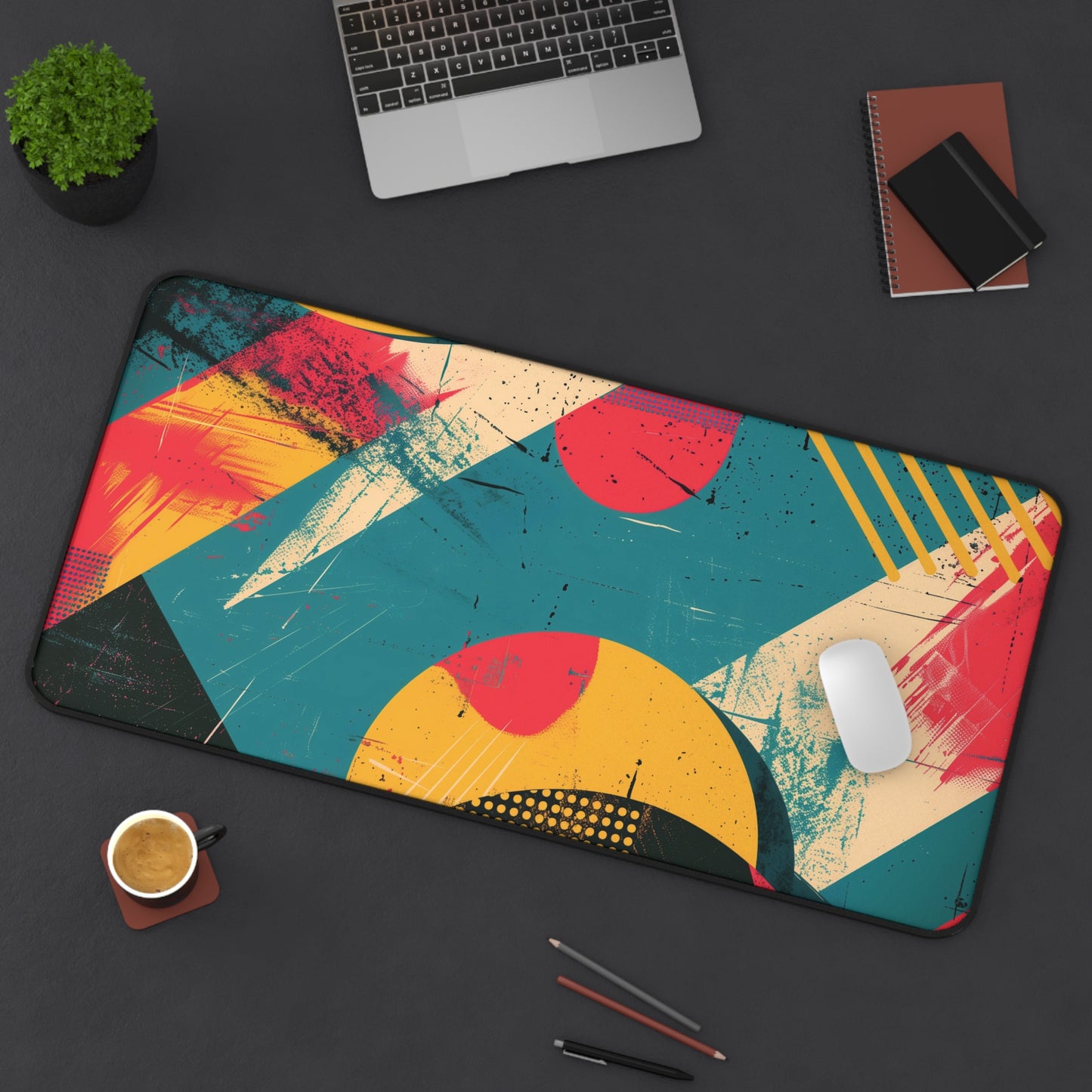 Retro Abstract Art Computer Desk Mat | Colorful Geometric Mouse Pad | Anti-Slip Neoprene Desk Mat for Home Office | 3 Sizes Available