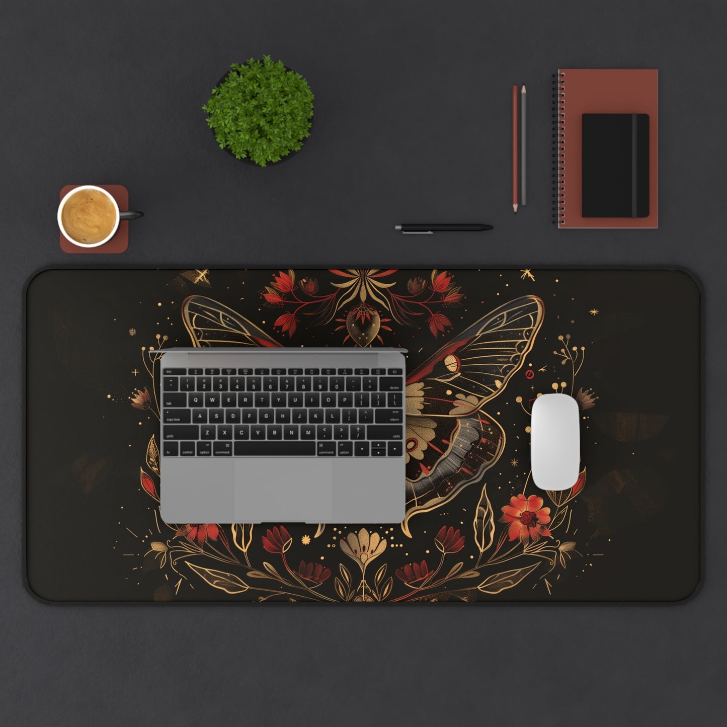 Mystical Moth Computer Desk Mat | Enchanted Floral Mouse Pad | Anti-Slip Neoprene Desk Mat for Home Office | 3 Sizes Available