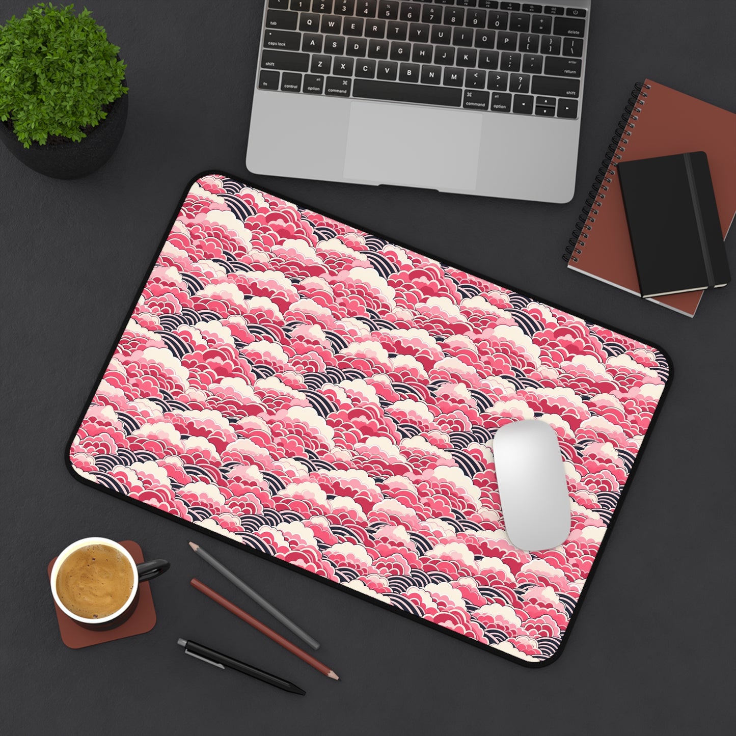 Japanese Pink Wave Pattern Desk Mat - Customizable Neoprene Anti-Slip Mouse Pad - Elegant Office Decor - Available in 3 Sizes