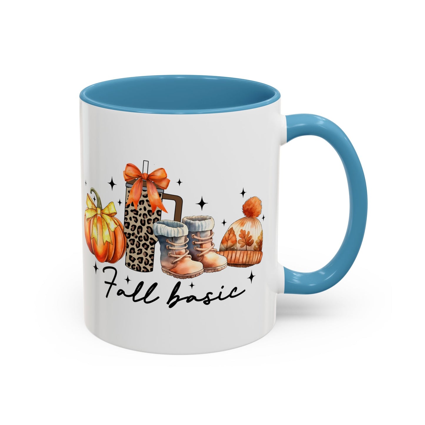 Fall Basic Autumn Mug | 11oz/15oz Ceramic Coffee Cup | Cozy Fall Essentials Design | Pink, Red, Black, Light Blue, or Navy Handle & Interior