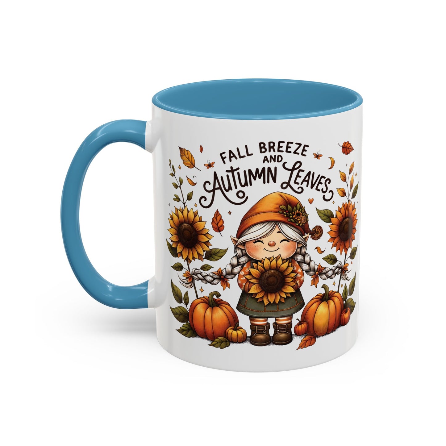 Fall Breeze and Autumn Leaves Mug | 11oz and 15oz Ceramic Coffee Cup | Cute Gnome, Sunflower, & Pumpkin Design