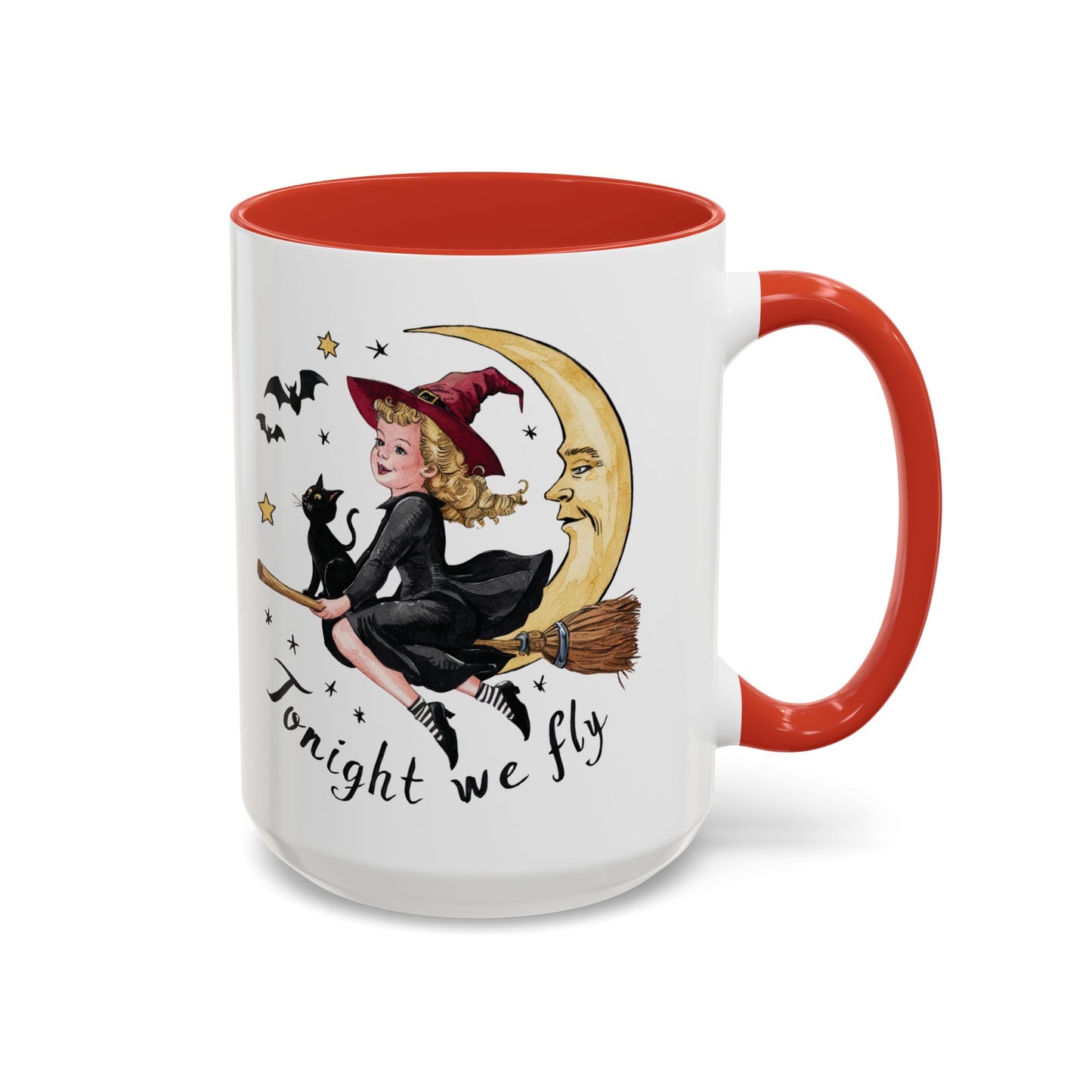 Tonight We Fly Halloween Witch Mug | Vintage Witch and Cat on Broomstick Design | Perfect Halloween Coffee Mug