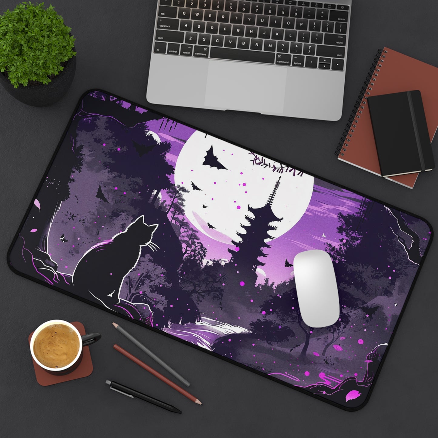 Mystical Night Computer Desk Mat | Cat and Pagoda Moonlight Mouse Pad | Anti-Slip Neoprene Desk Mat for Home Office | 3 Sizes Available