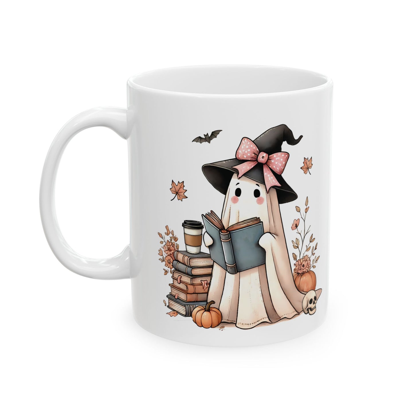 Cute Ghost Witch Ceramic Mug - Adorable Halloween Reading Ghost Design - Perfect for Book Lovers