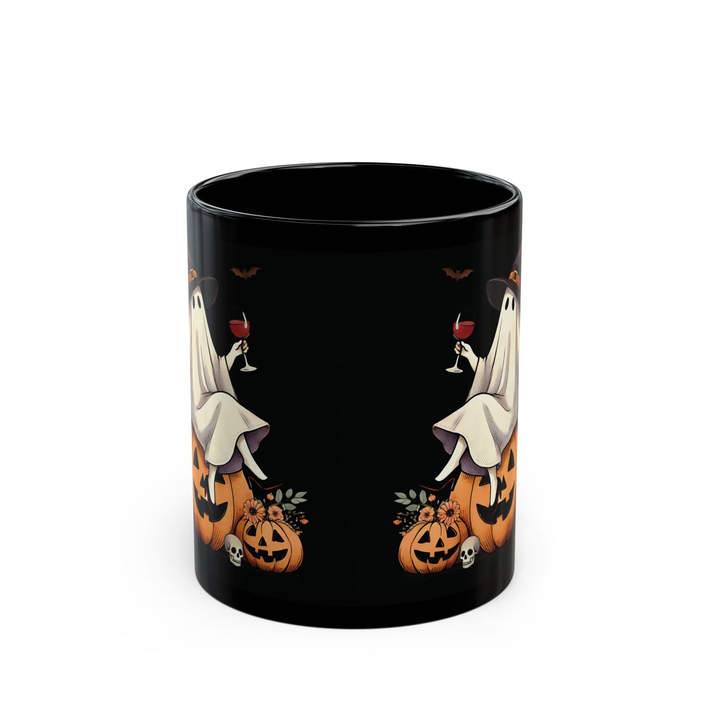 Halloween Ghost on Pumpkin Mug | 11oz /15oz Black Ceramic Coffee Cup | Witch Hat & Wine Design | Spooky and Festive Fall Gift