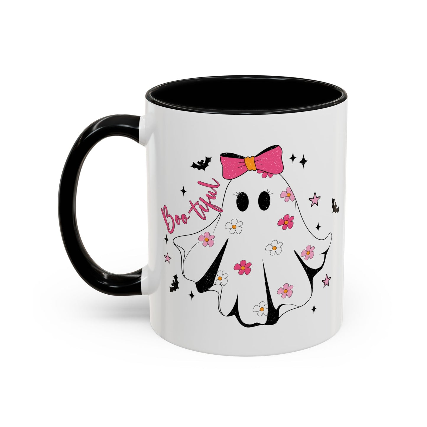 Boo-tiful Halloween Ghost Mug | 11oz and 15oz Coffee Cup | Cute Floral Design | Pink, Red, Black, Light Blue, or Navy Handle and Interior