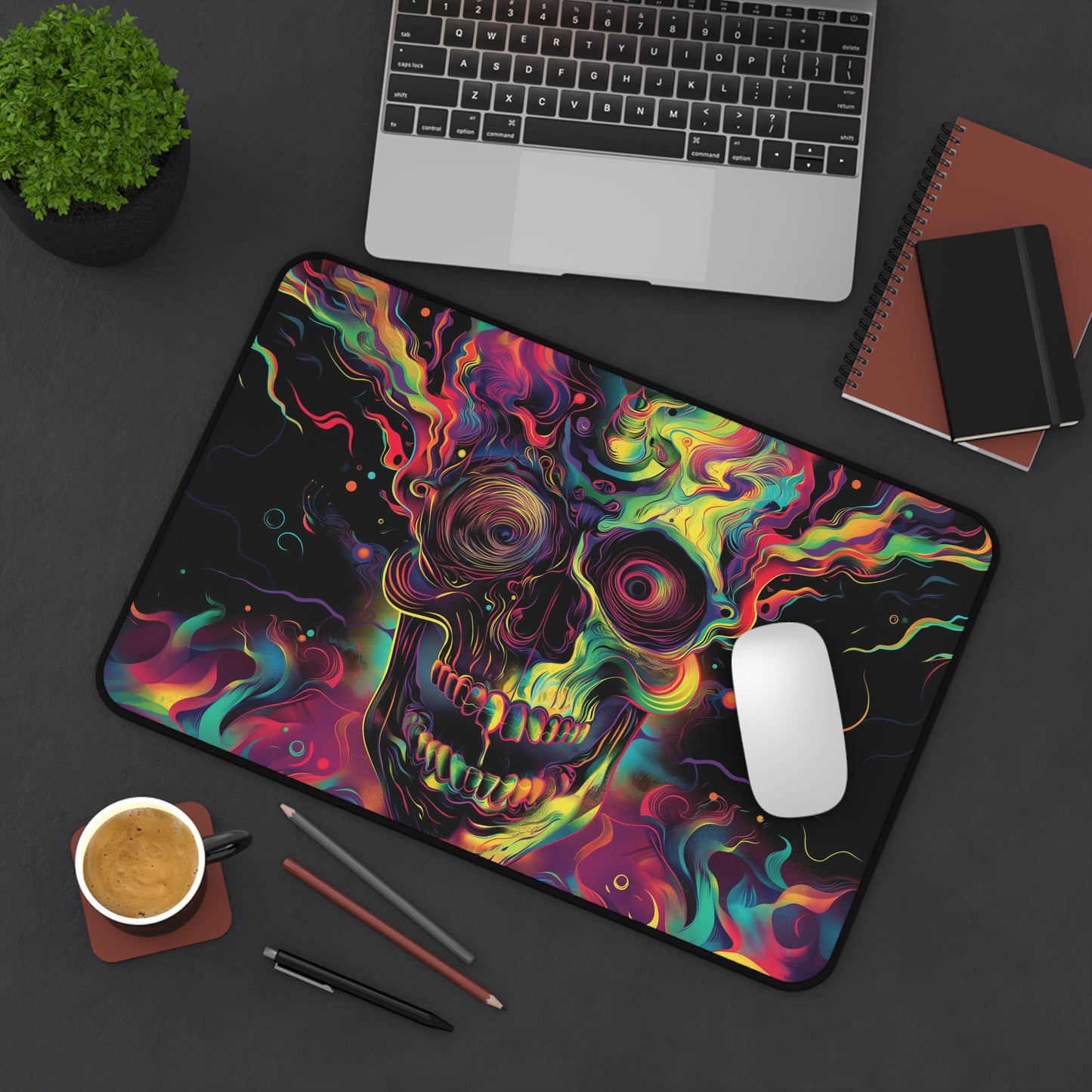 Psychedelic Skull Desk Mat | Vibrant Abstract Art | Neoprene | Anti-Slip | 3 Sizes | Office Decor