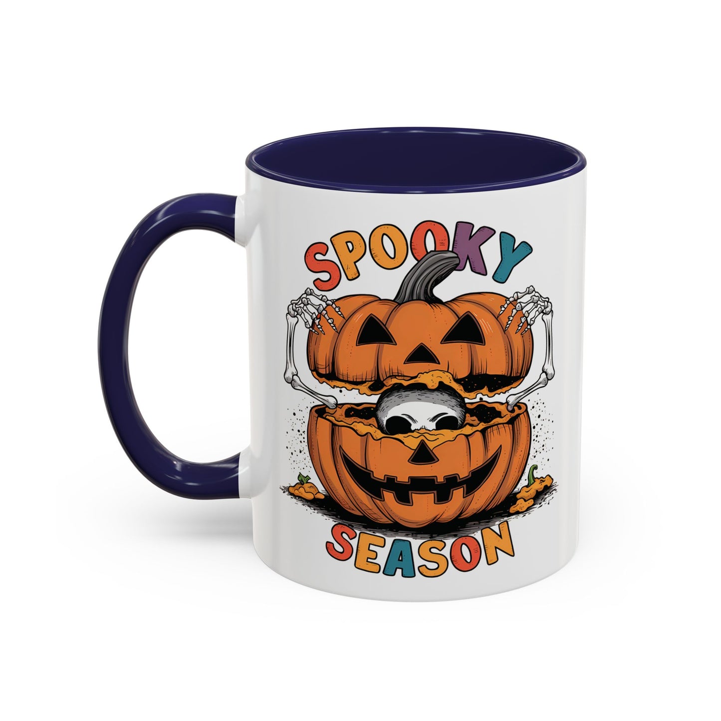 Spooky Season Halloween Mug | 11oz and 15oz Ceramic Coffee Cup | Skeleton in Pumpkin Design