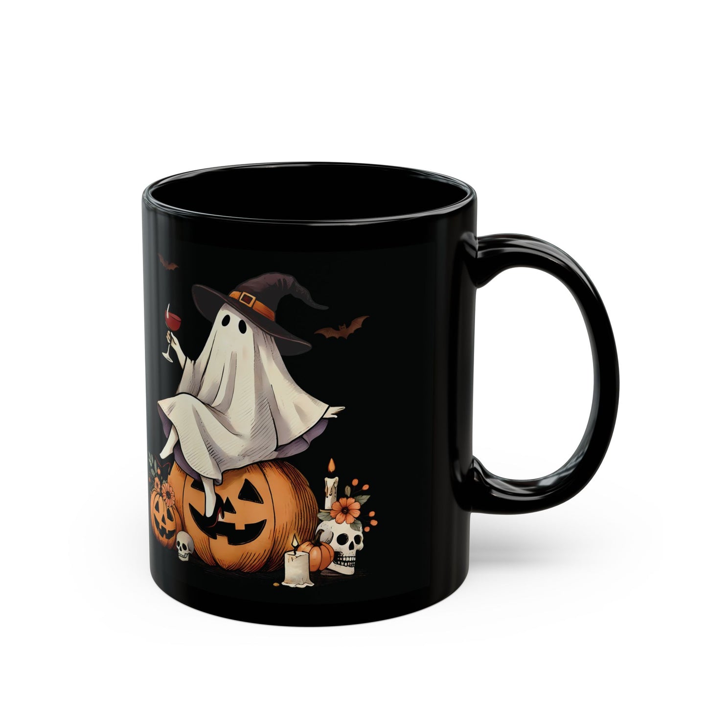 Halloween Ghost on Pumpkin Mug | 11oz /15oz Black Ceramic Coffee Cup | Witch Hat & Wine Design | Spooky and Festive Fall Gift