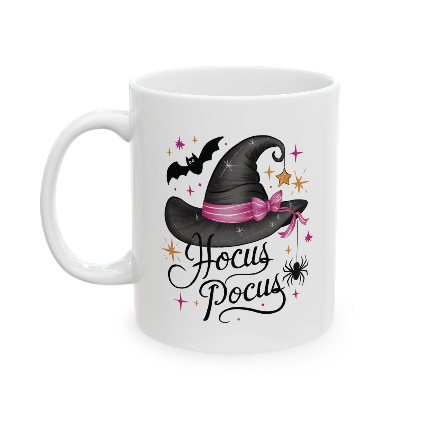 Hocus Pocus Ceramic Mug - Charming Witch Hat and Bat Design - Perfect for Halloween Lovers