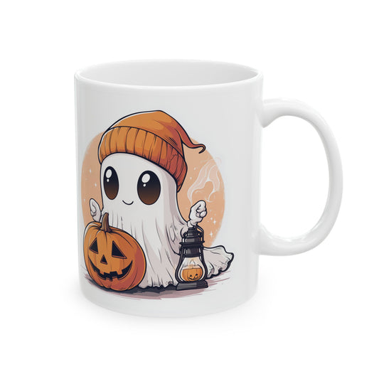 Cute Halloween Ghost Ceramic Mug - Adorable Ghost with Pumpkin and Lantern Design - Perfect for Halloween Lovers