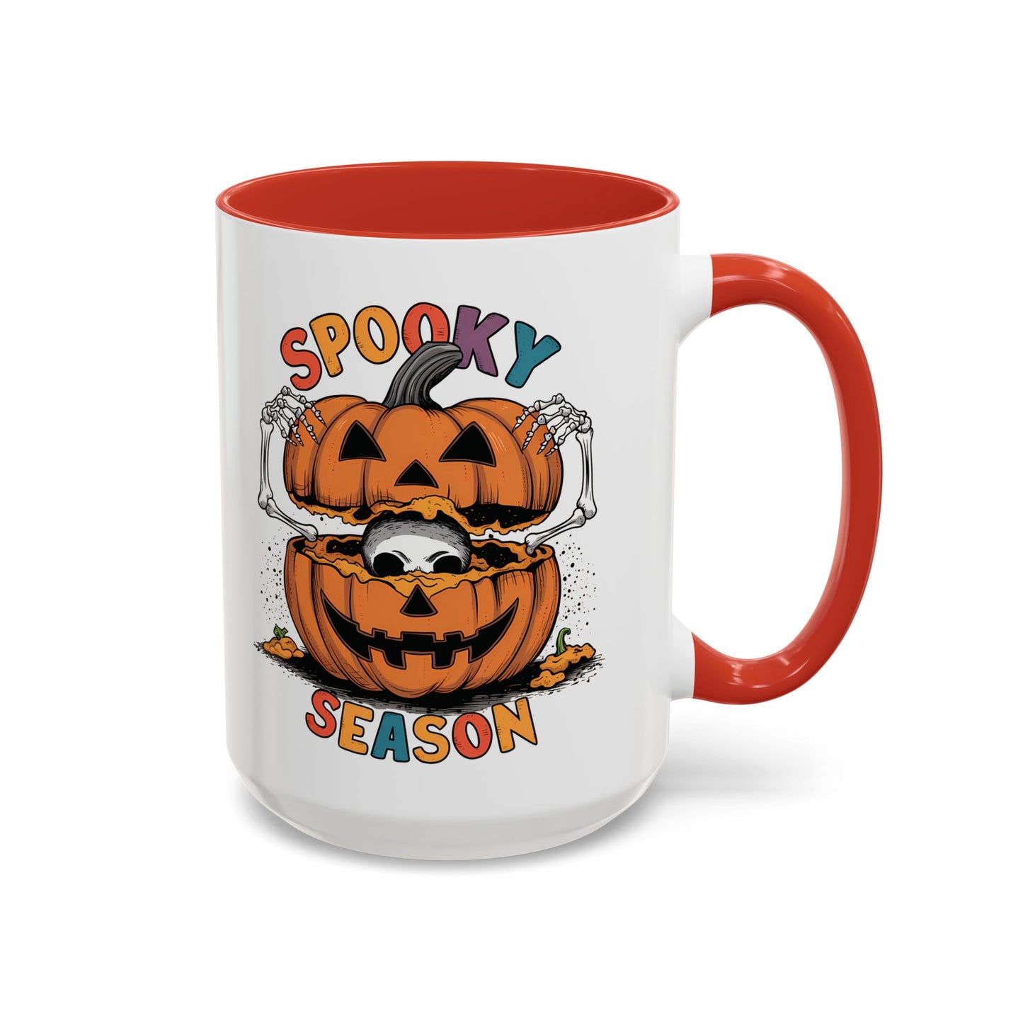 Spooky Season Halloween Mug | 11oz and 15oz Ceramic Coffee Cup | Skeleton in Pumpkin Design