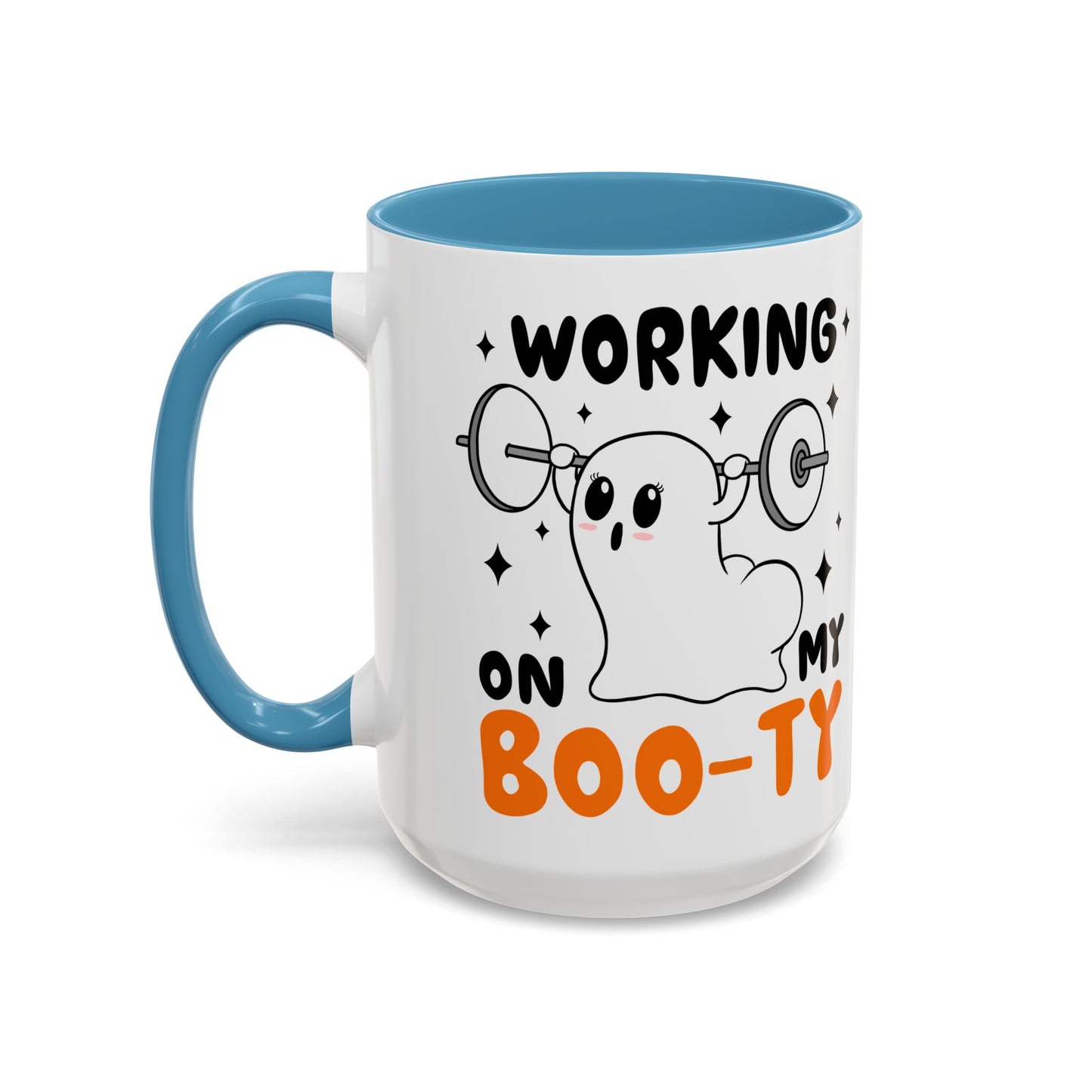 Working on My Boo-ty Halloween Ghost Mug | 11oz and 15oz Ceramic Coffee Cup | Fitness and Humor Design