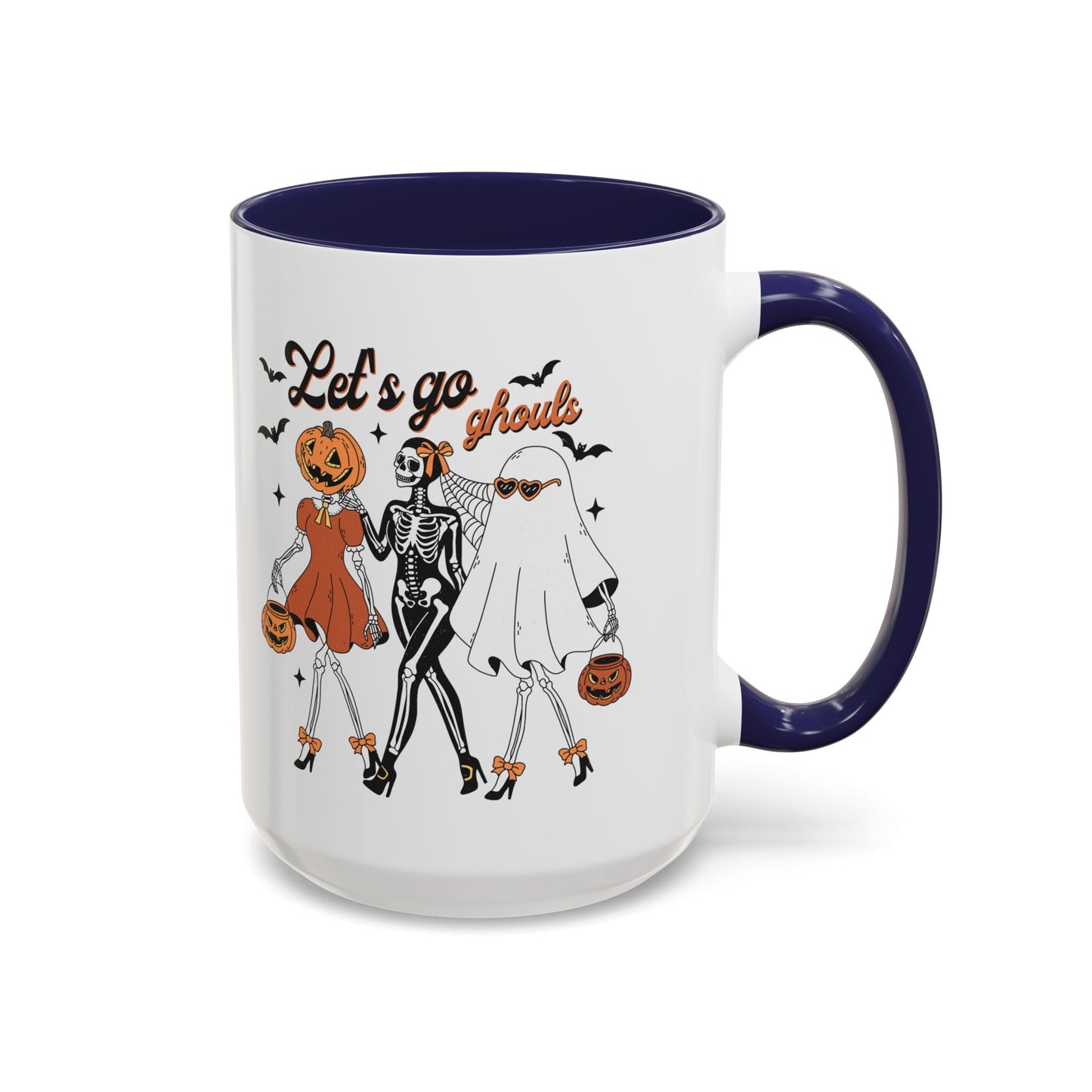 Lets Go Ghouls Halloween Mug | Skeleton, Ghost, and Pumpkin Friends Design | Spooky Coffee Mug | Fall Drinkware