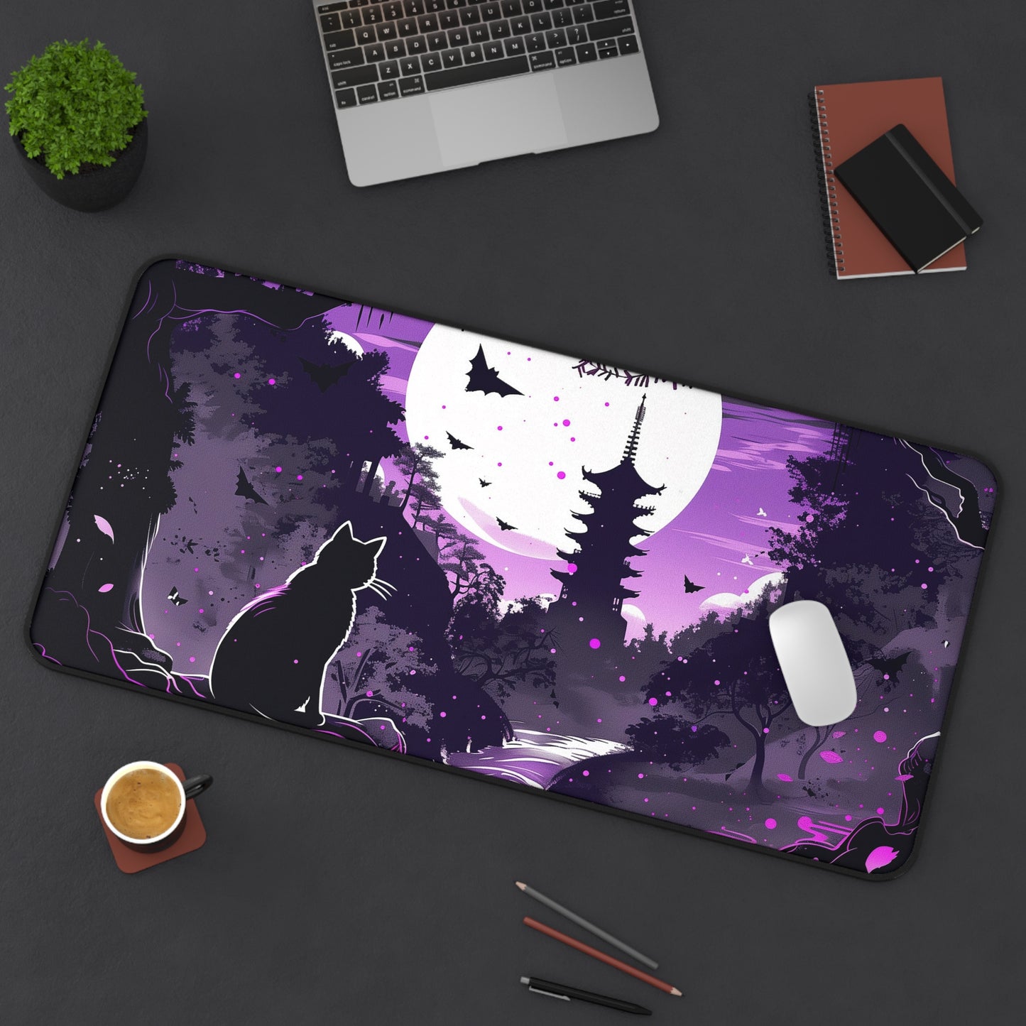 Mystical Night Computer Desk Mat | Cat and Pagoda Moonlight Mouse Pad | Anti-Slip Neoprene Desk Mat for Home Office | 3 Sizes Available