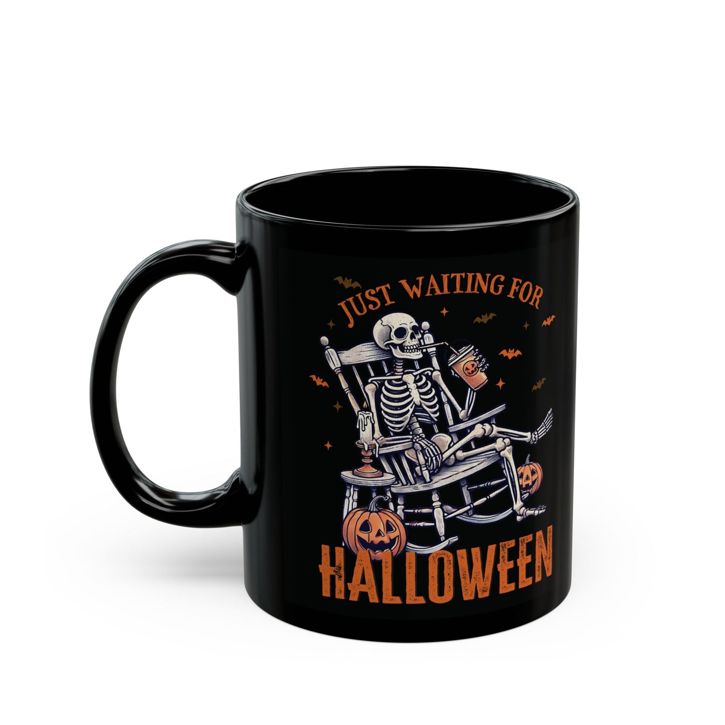 Halloween Skeleton Mug - Just Waiting for Halloween - Black Ceramic Coffee Mug - Spooky Gift - 11oz & 15oz - BPA Free - Microwave Safe