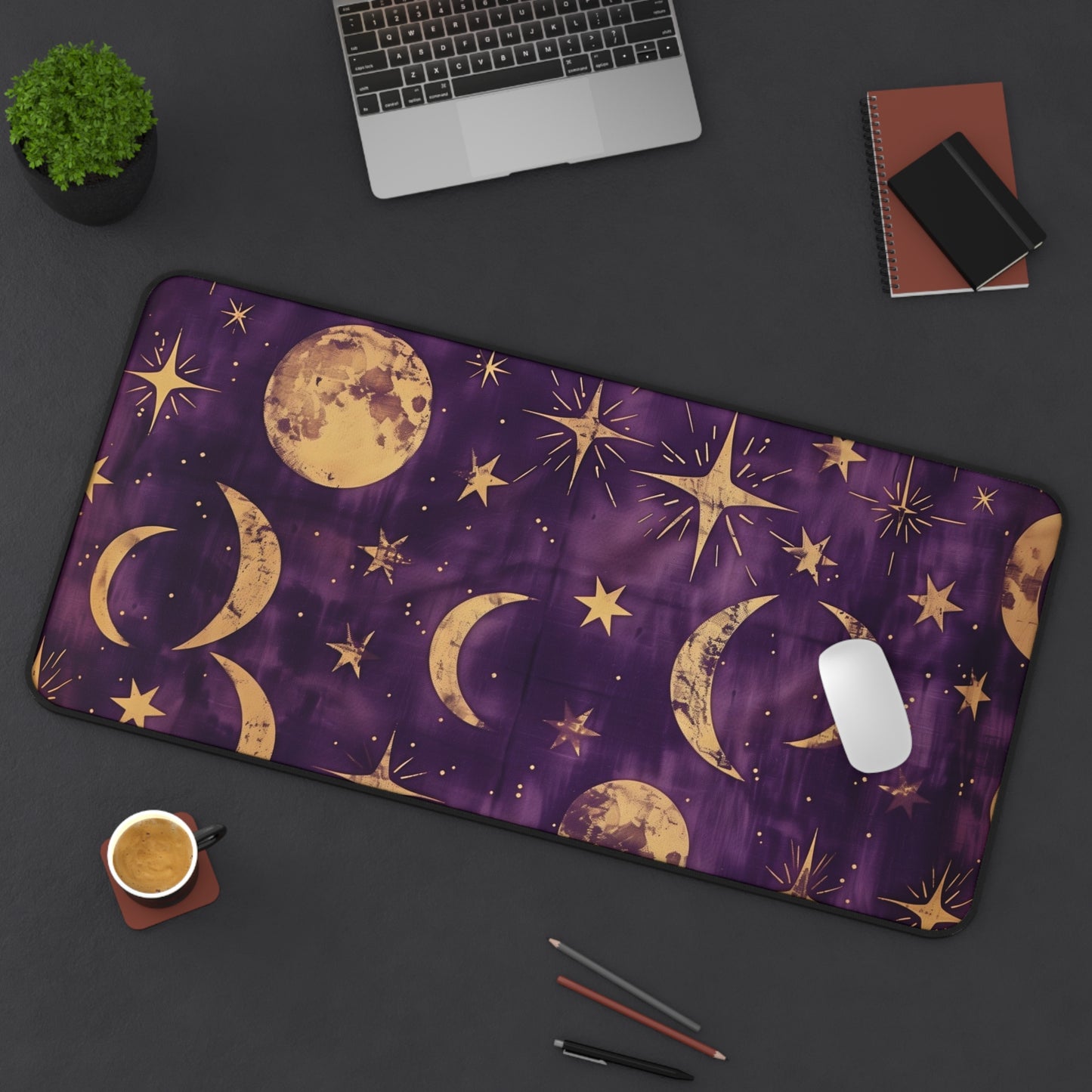 Celestial Dreams Computer Desk Mat | Moon and Stars Mouse Pad | Anti-Slip Neoprene Desk Mat for Home Office | 3 Sizes Available