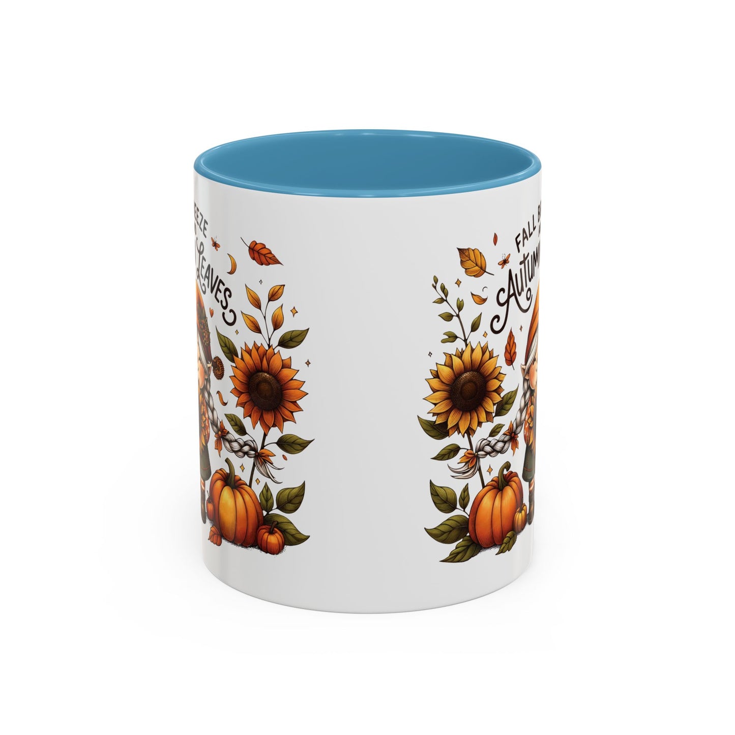 Fall Breeze and Autumn Leaves Mug | 11oz and 15oz Ceramic Coffee Cup | Cute Gnome, Sunflower, & Pumpkin Design