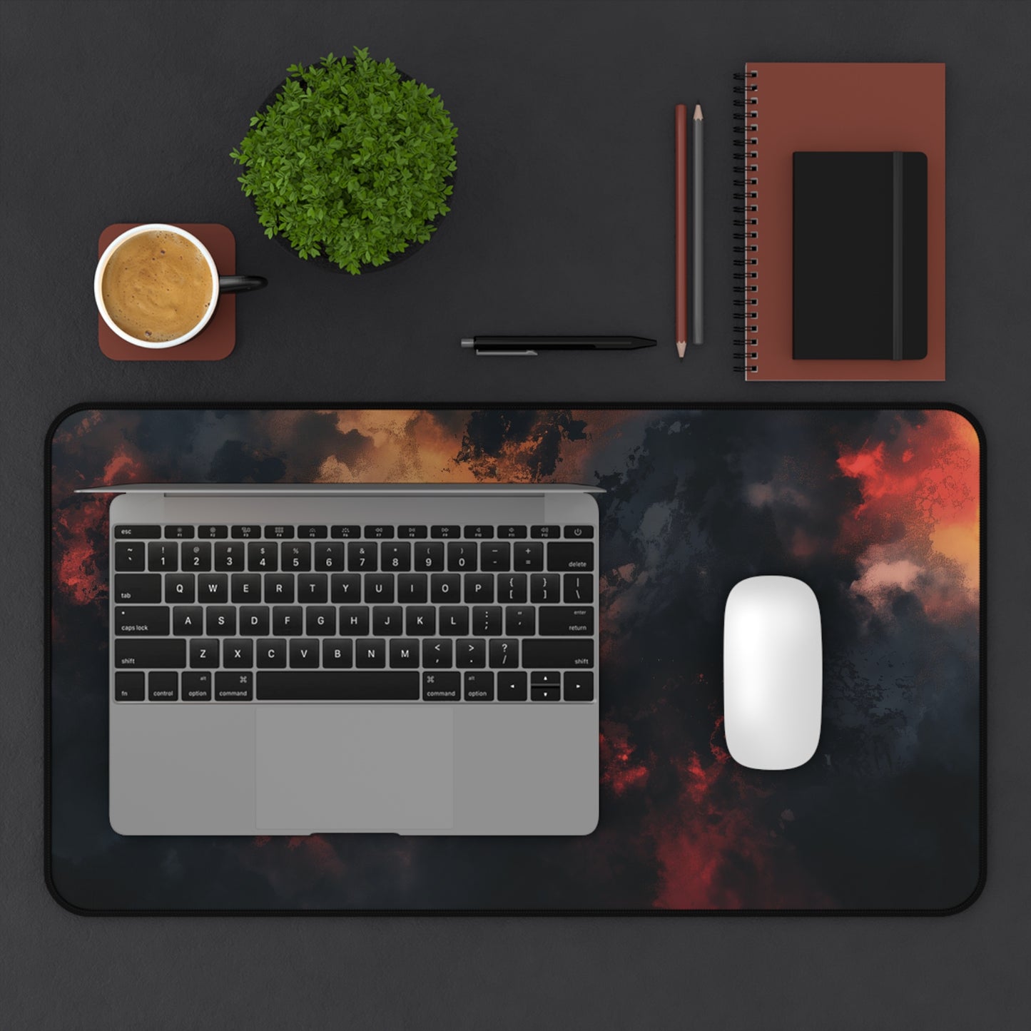 Abstract Firestorm Desk Mat | Dark Red and Black Neoprene | Anti-Slip | 3 Sizes | Office Decor