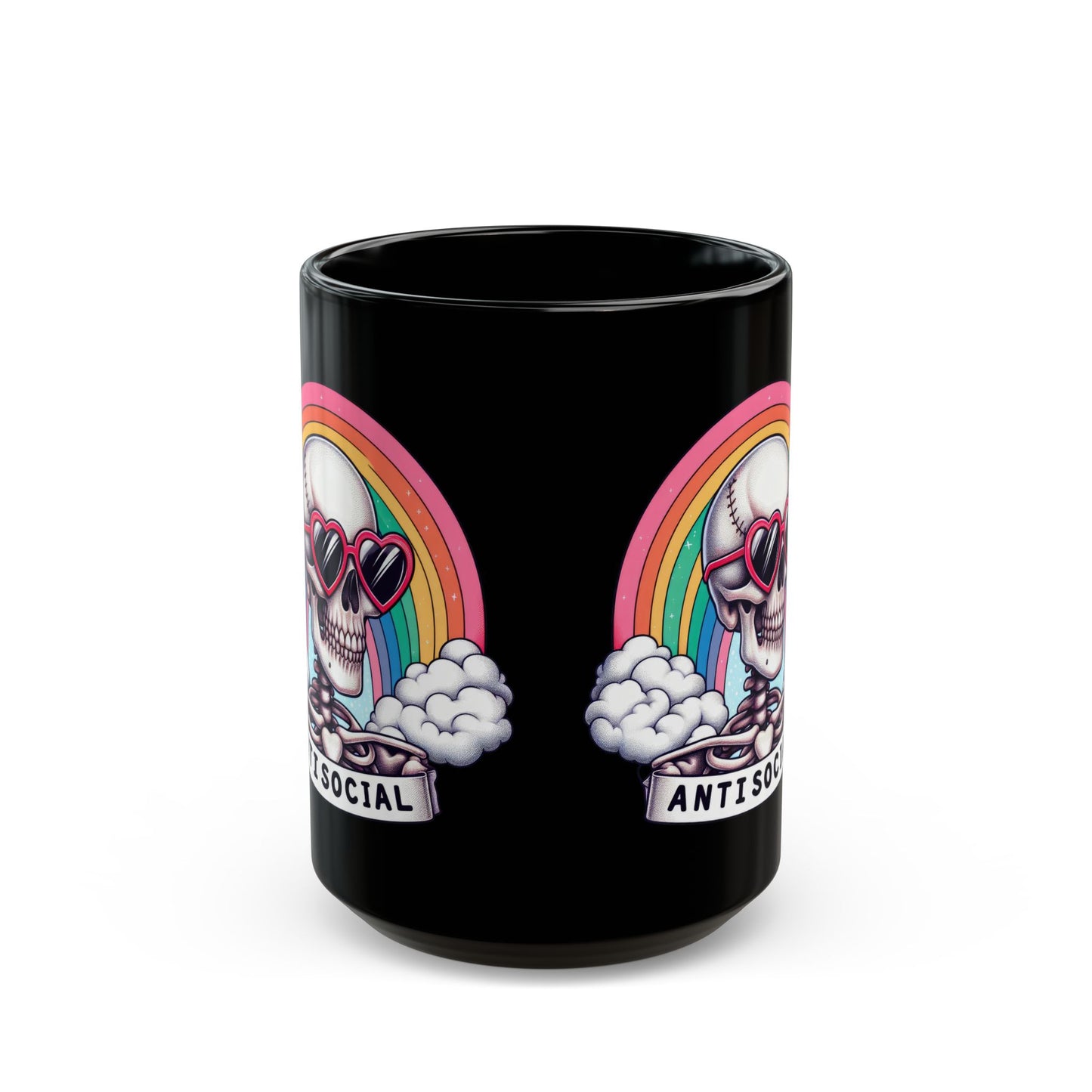 Anti-Social Skull Mug | Retro Rainbow Goth Coffee Cup | Skeleton with Heart Glasses