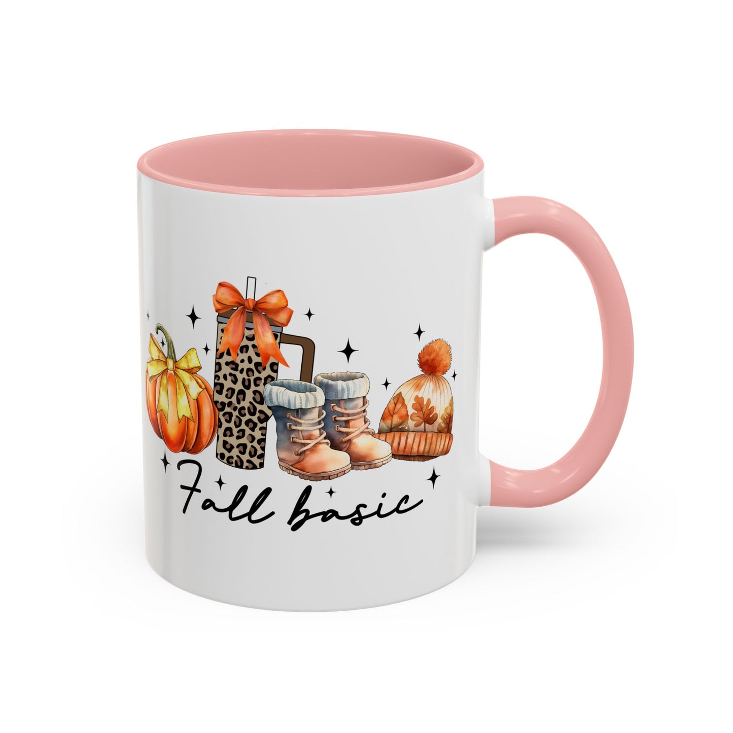 Fall Basic Autumn Mug | 11oz/15oz Ceramic Coffee Cup | Cozy Fall Essentials Design | Pink, Red, Black, Light Blue, or Navy Handle & Interior