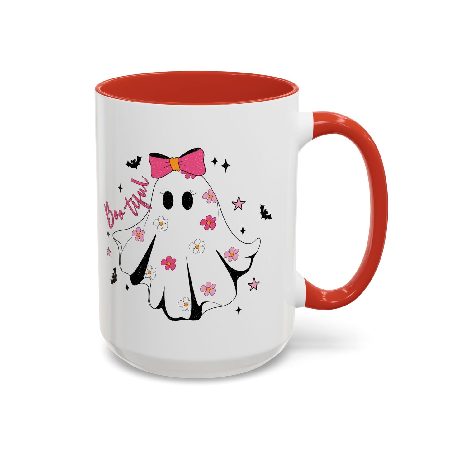 Boo-tiful Halloween Ghost Mug | 11oz and 15oz Coffee Cup | Cute Floral Design | Pink, Red, Black, Light Blue, or Navy Handle and Interior