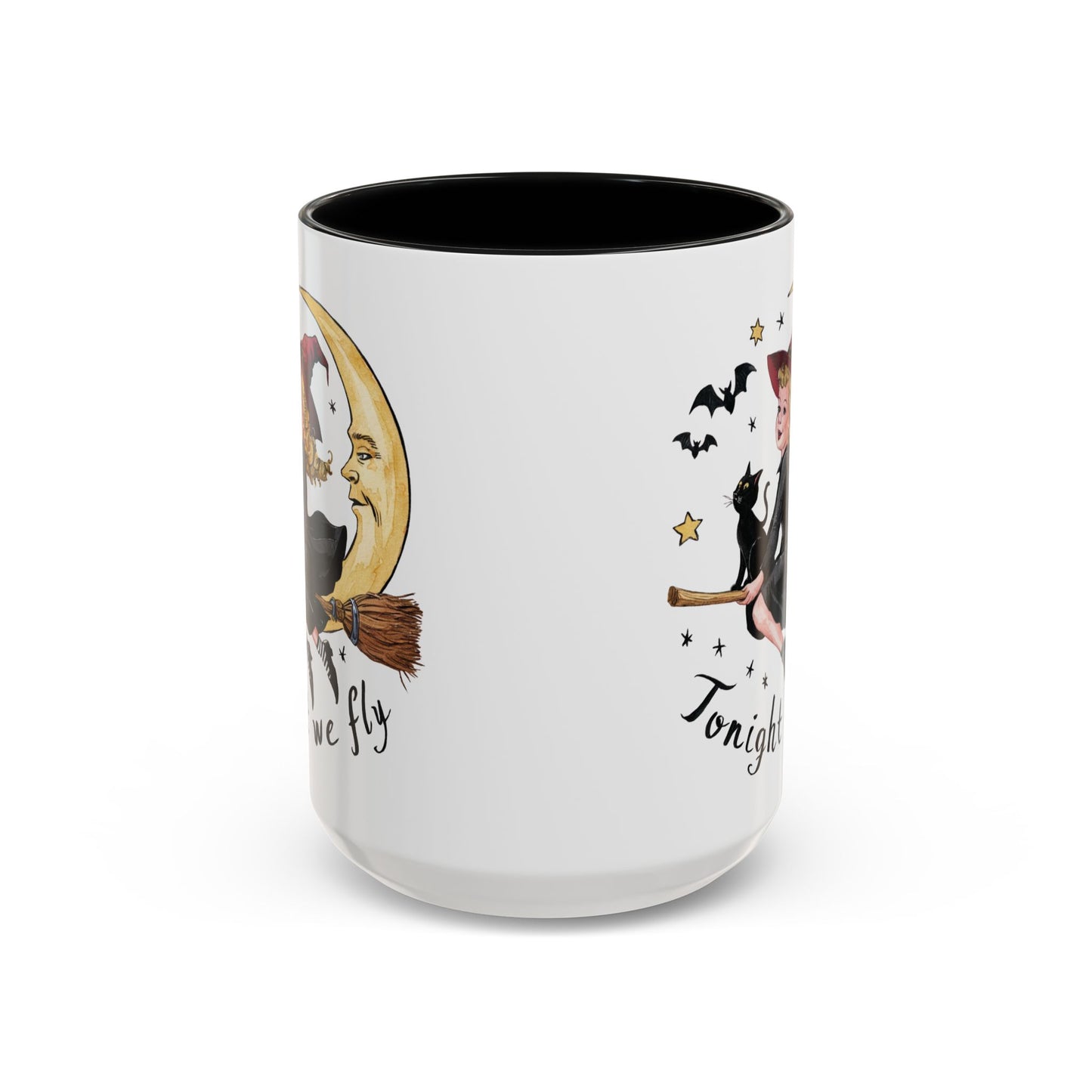 Tonight We Fly Halloween Witch Mug | Vintage Witch and Cat on Broomstick Design | Perfect Halloween Coffee Mug