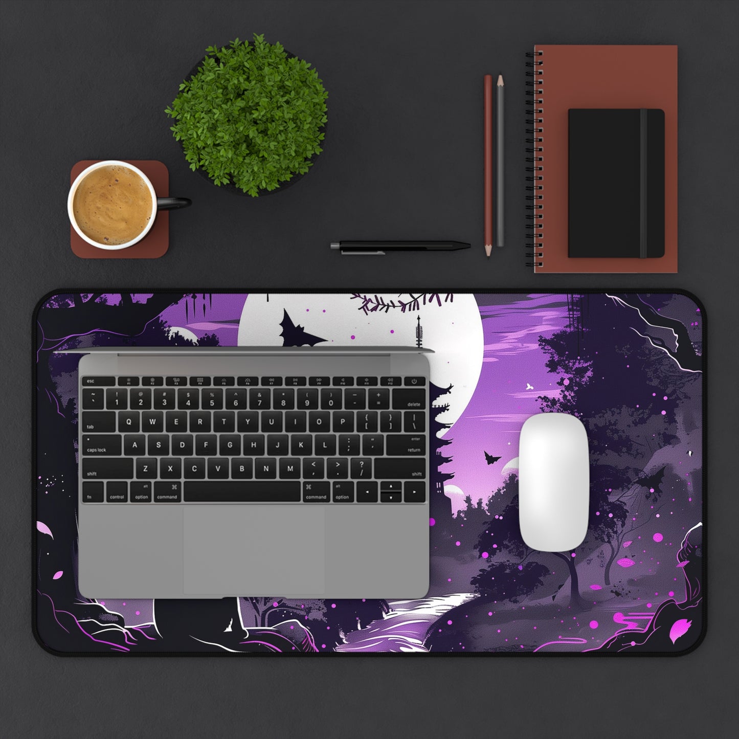 Mystical Night Computer Desk Mat | Cat and Pagoda Moonlight Mouse Pad | Anti-Slip Neoprene Desk Mat for Home Office | 3 Sizes Available