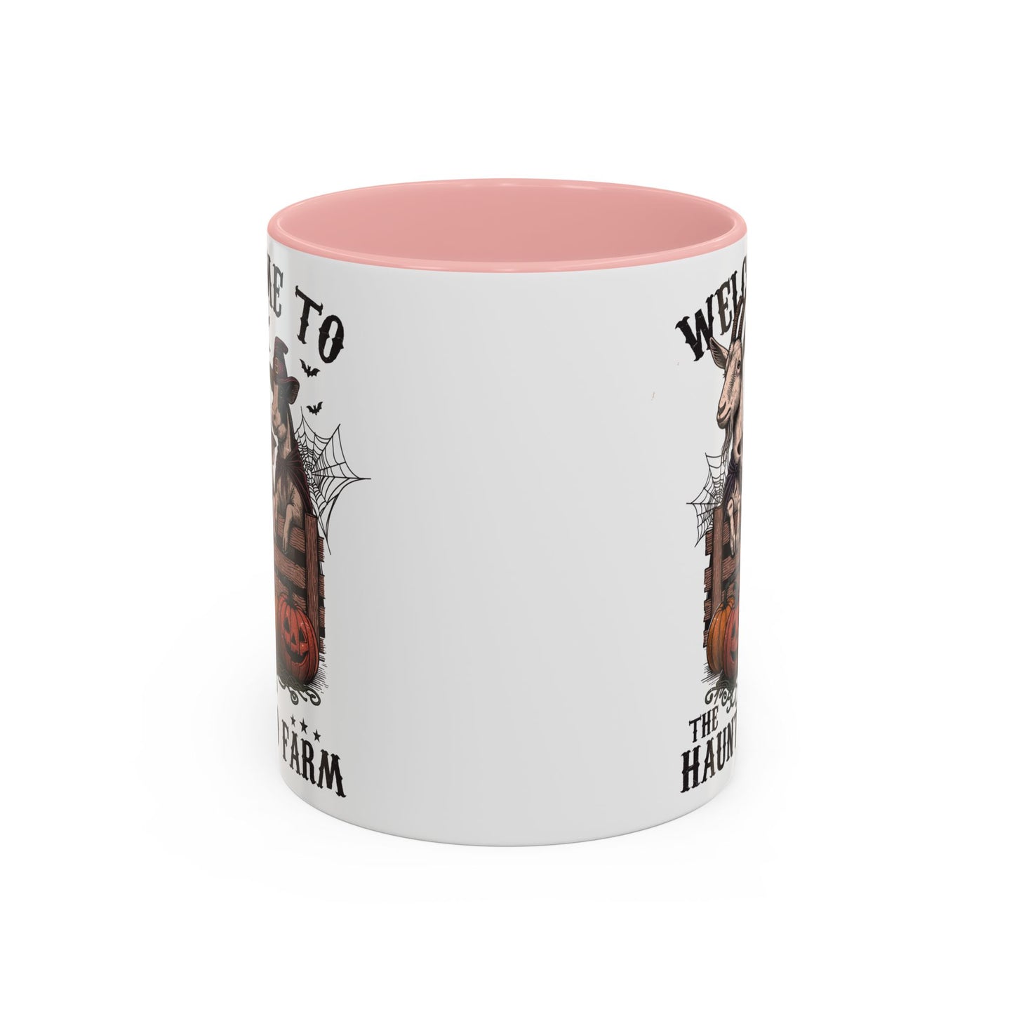 Welcome to the Haunted Farm Mug | Spooky Farm Animal Halloween Cup | Goat, Pig, and Cow in Witch Hats