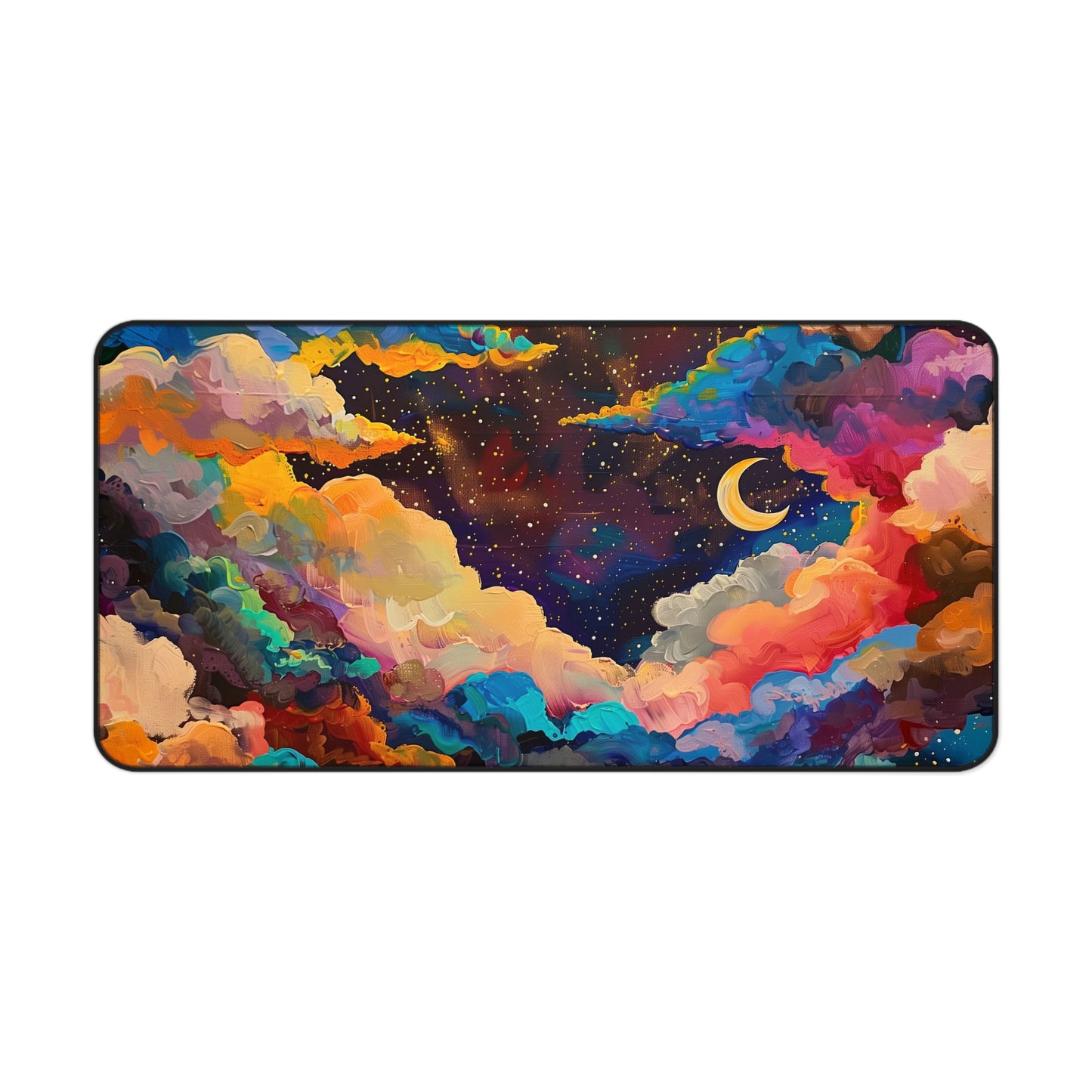 Dreamy Night Sky Computer Desk Mat | Colorful Clouds and Moon Mouse Pad | Anti-Slip Neoprene Desk Mat for Home Office | 3 Sizes Available