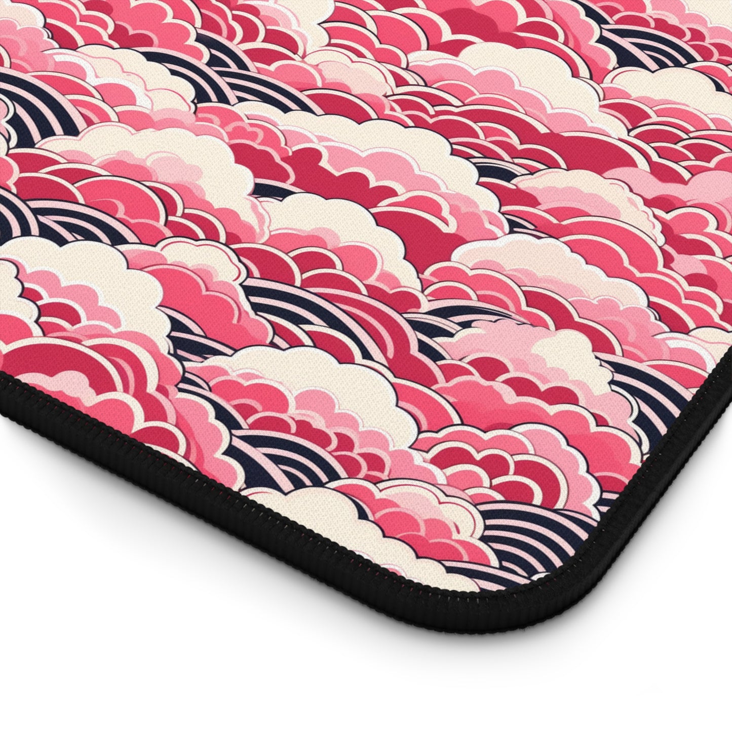 Japanese Pink Wave Pattern Desk Mat - Customizable Neoprene Anti-Slip Mouse Pad - Elegant Office Decor - Available in 3 Sizes