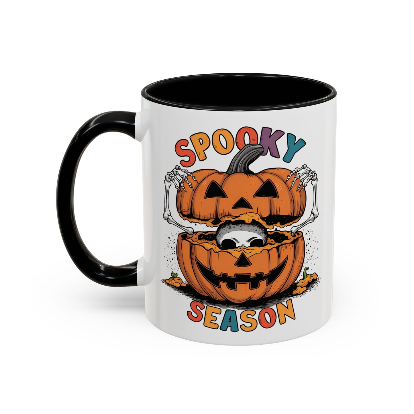 Spooky Season Halloween Mug | 11oz and 15oz Ceramic Coffee Cup | Skeleton in Pumpkin Design