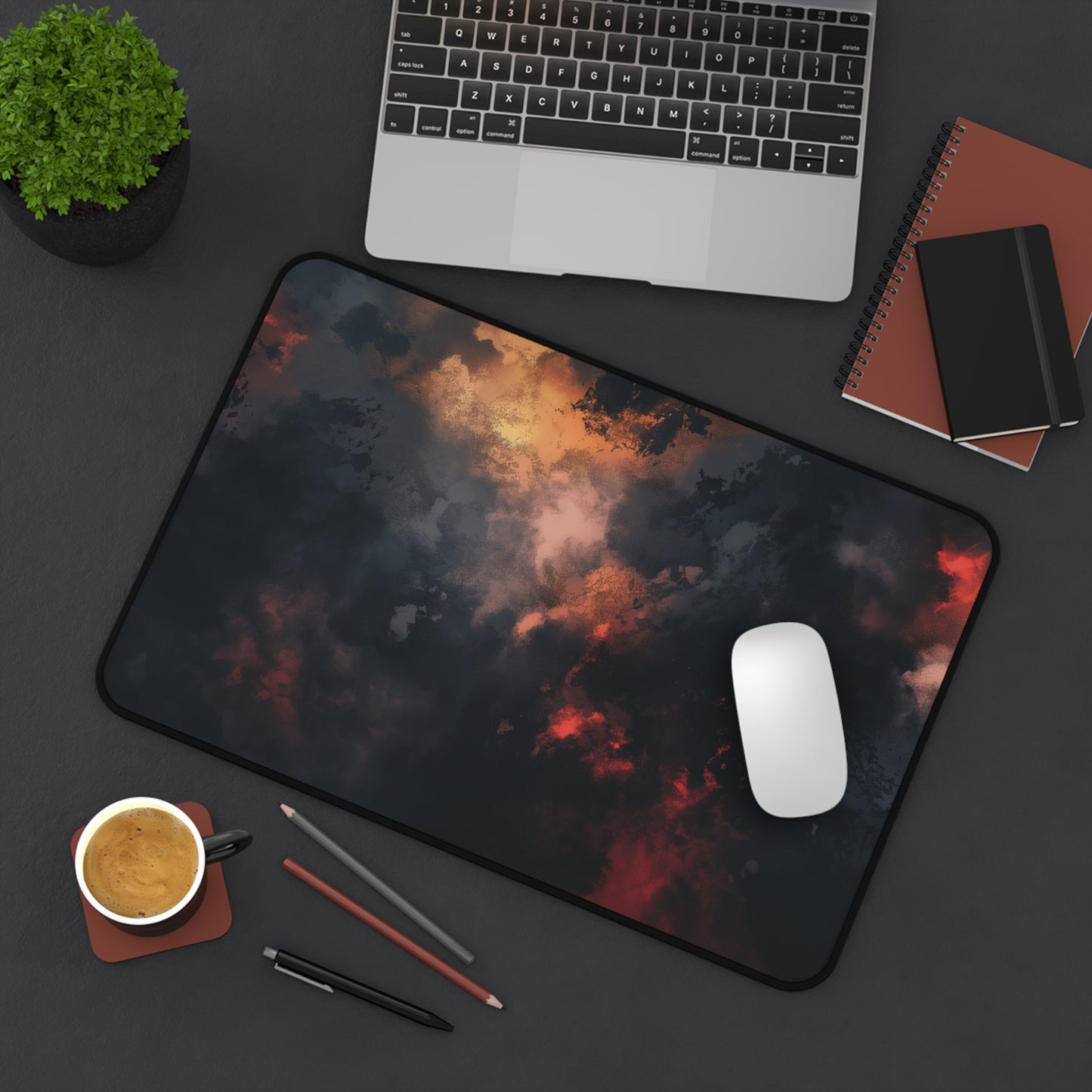 Abstract Firestorm Desk Mat | Dark Red and Black Neoprene | Anti-Slip | 3 Sizes | Office Decor